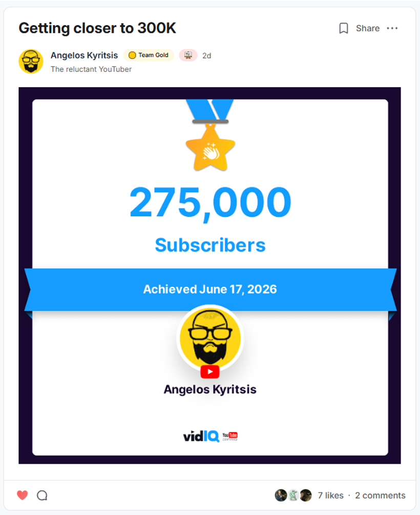 Angelos Kyritsis community post: getting closer to 300K, 275,000 subscribers