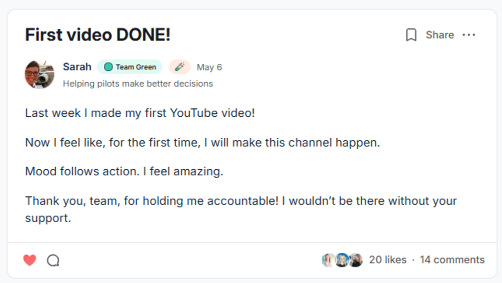 Sarah community post: first video done