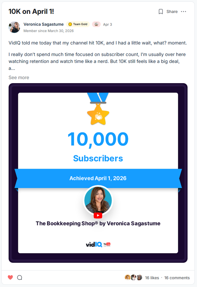 Veronica Sagastume community post: 10K subscribers on April 1